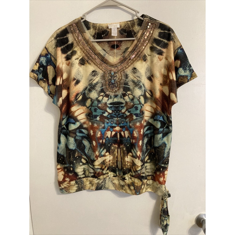 Chico's Blouse Women's Size 1 Gothic Sequin Beads Geometric Short Sleeve Top 890
